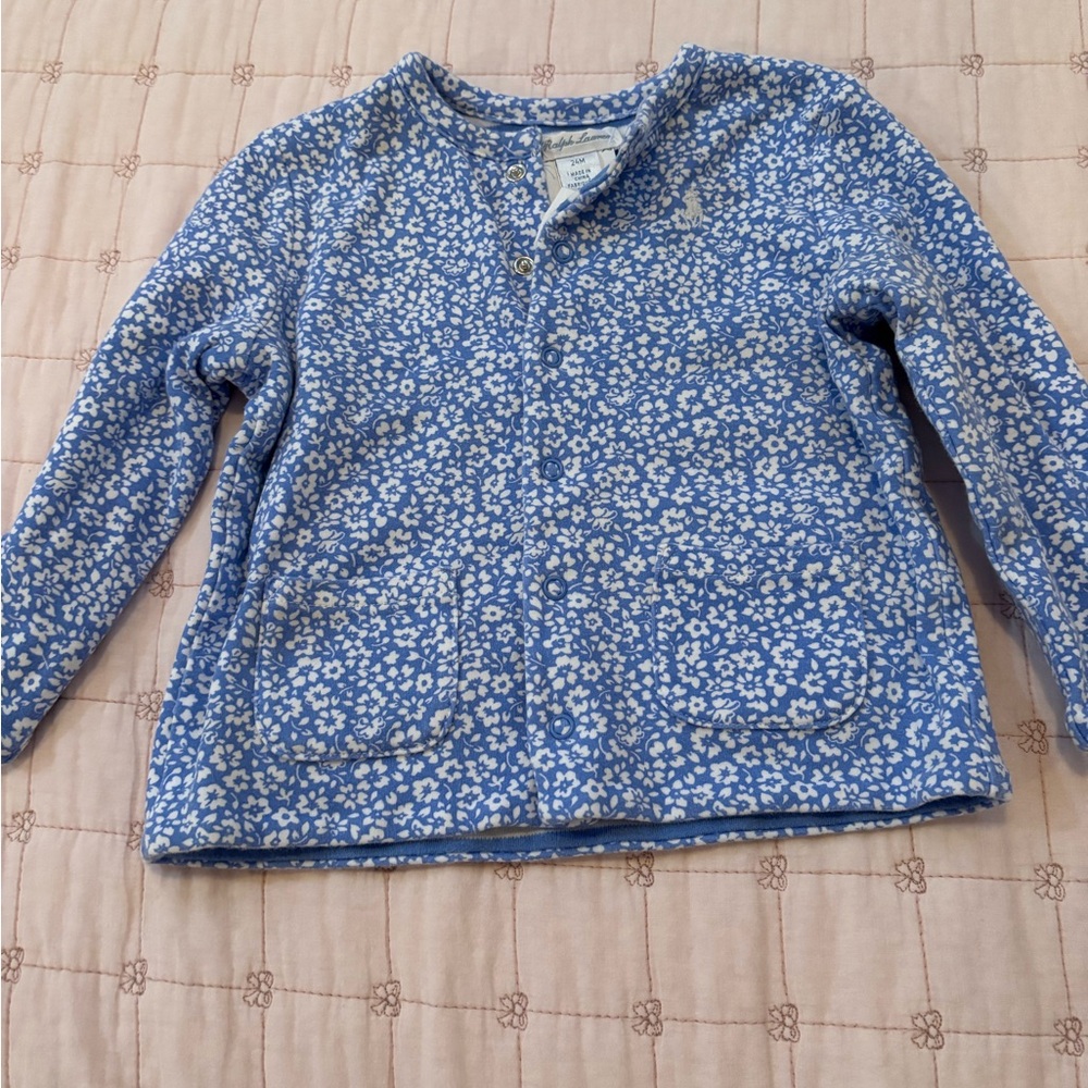 Ralph Lauren Blue and White Striped Floral Cardigan